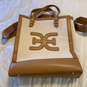 Sam Edelman Emma Canvas Logo Tote Tan Saddle Crossbody Strap